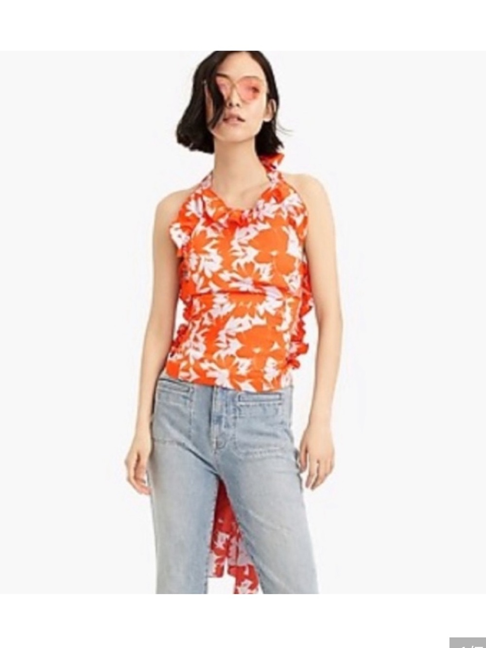 J. Crew Orange and White Floral Ruffle Halter Top